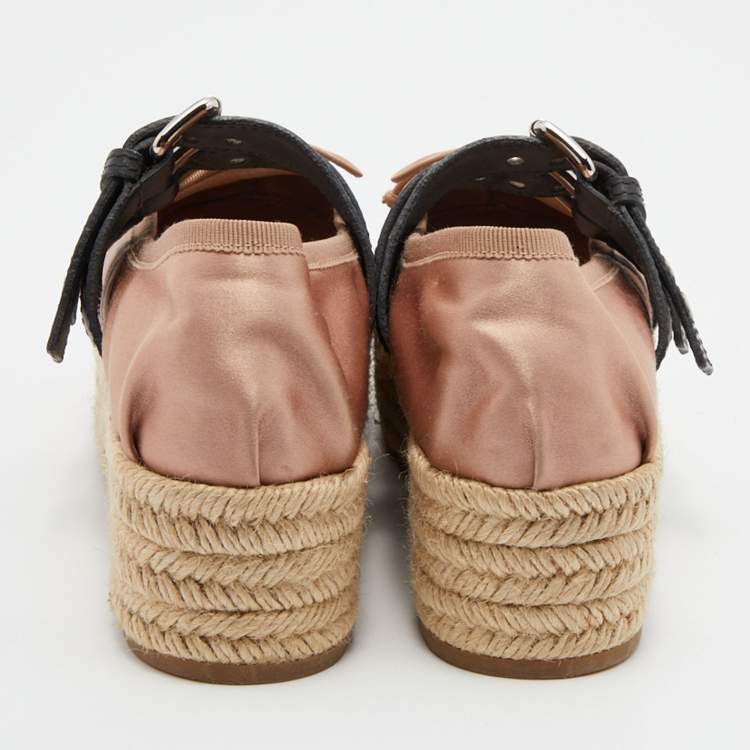 Pre Owned Miu Miu Beige/Black Satin and Leather Ballet Espadrille Platform Flats Size 36
