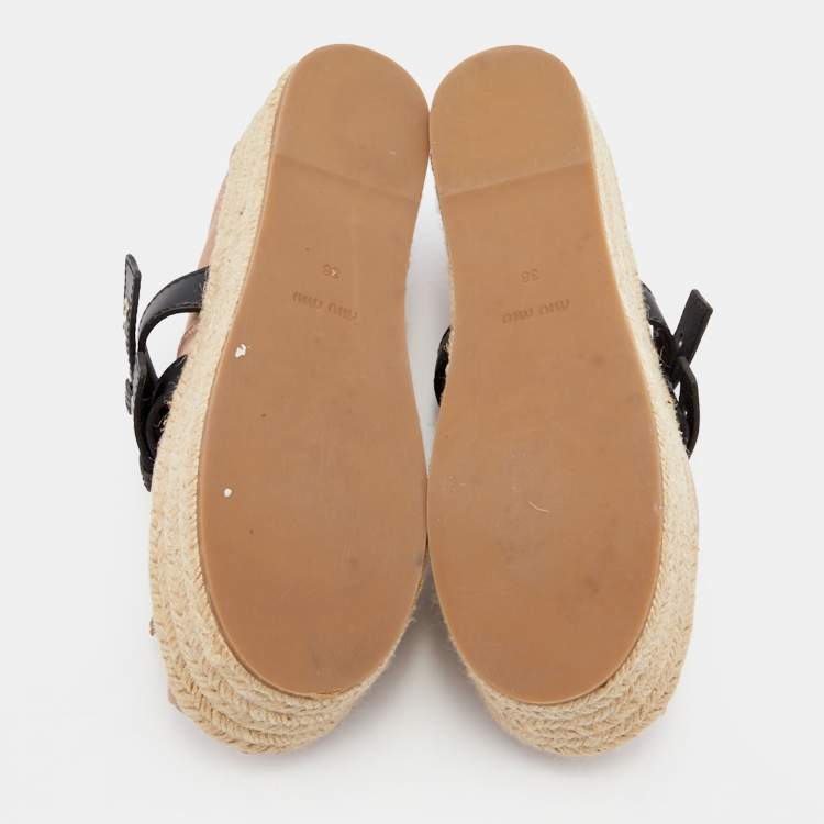 Pre Owned Miu Miu Beige/Black Satin and Leather Ballet Espadrille Platform Flats Size 36