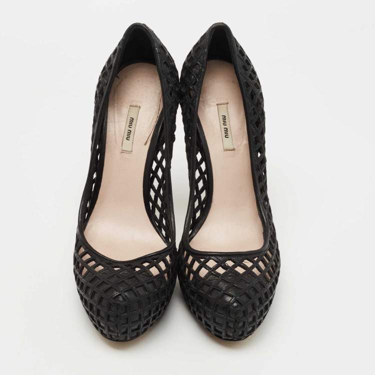 Pre Owned Miu Miu Black Woven Leather Platform Pumps Size 35