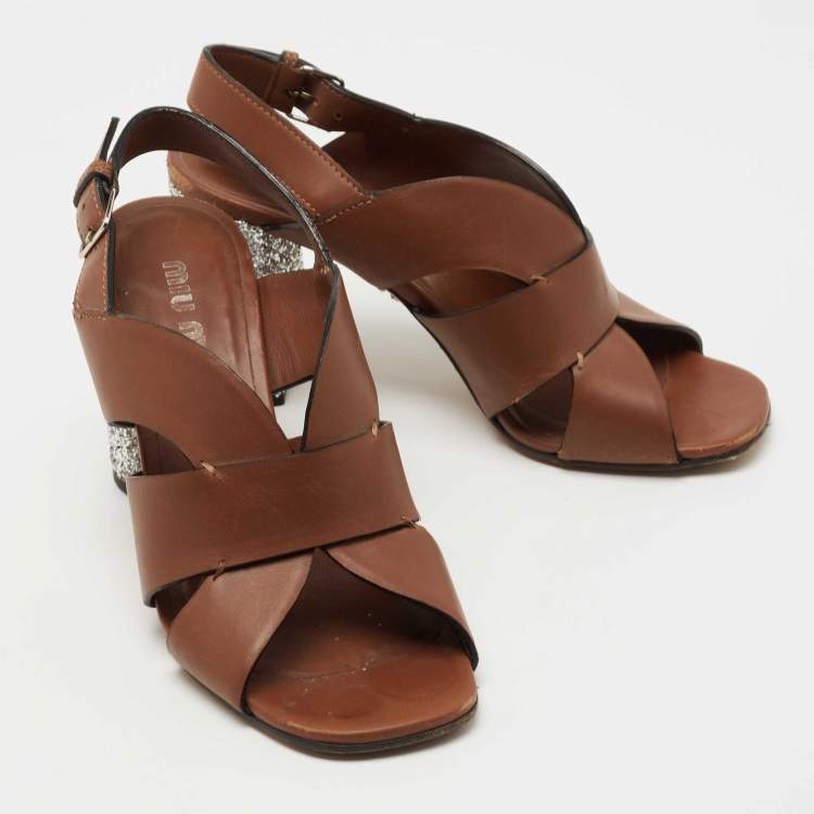 Pre Owned Miu Miu Brown Leather Slingback Sandals Size 38.5