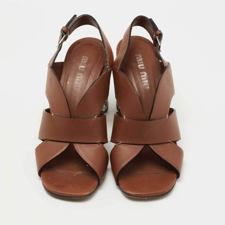 Pre Owned Miu Miu Brown Leather Slingback Sandals Size 38.5