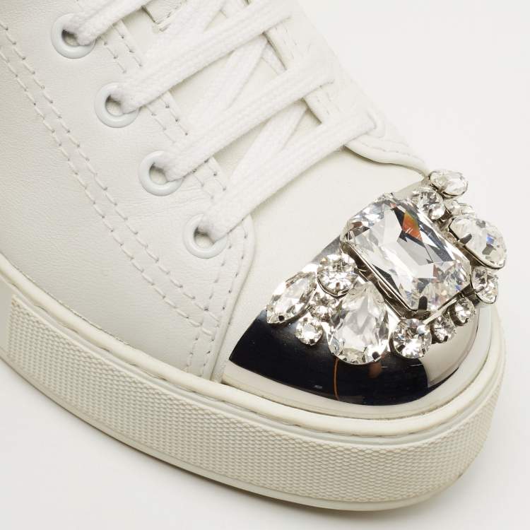Pre Owned Miu Miu White Leather Crystal Embellished Cap Toe Platform Sneakers Size 37.5