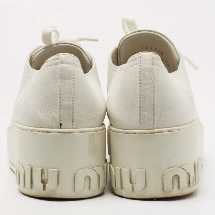 Pre Owned Miu Miu White Leather Crystal Embellished Cap Toe Platform Sneakers Size 37.5