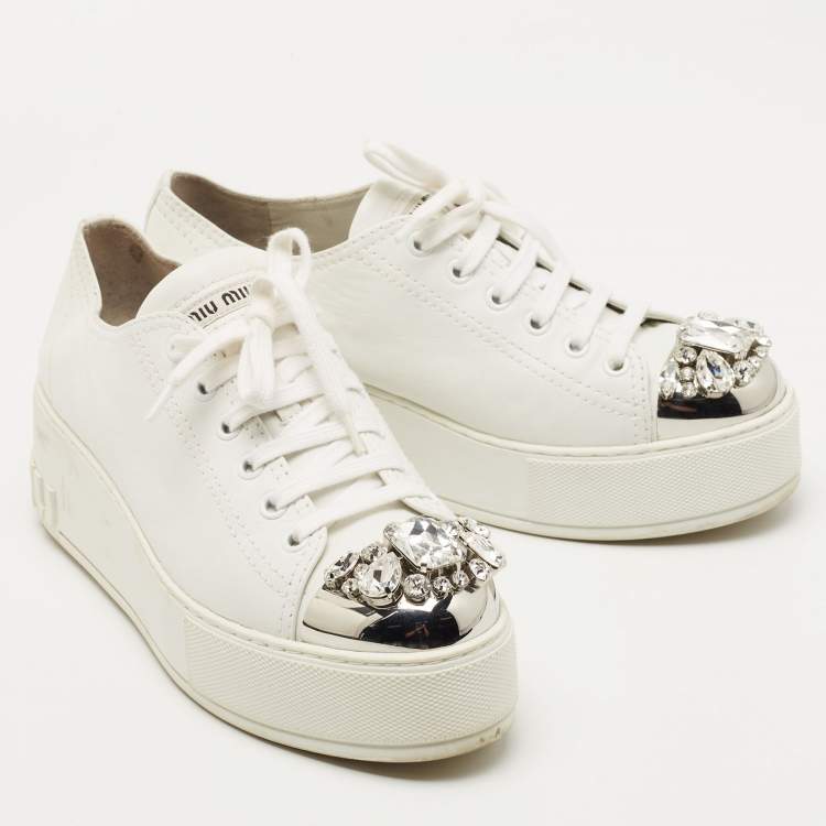 Pre Owned Miu Miu White Leather Crystal Embellished Cap Toe Platform Sneakers Size 37.5