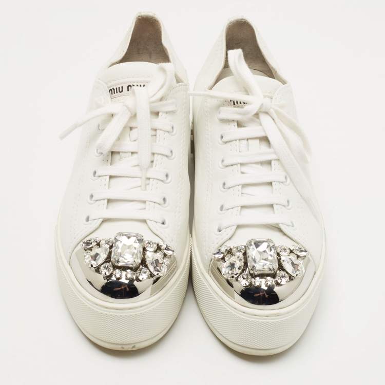 Pre Owned Miu Miu White Leather Crystal Embellished Cap Toe Platform Sneakers Size 37.5