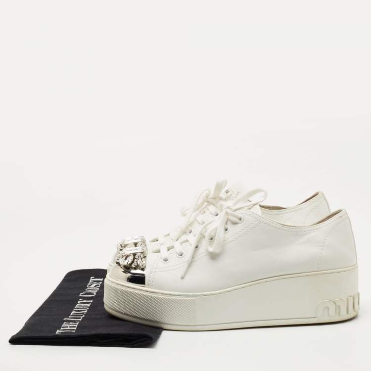 Pre Owned Miu Miu White Leather Crystal Embellished Cap Toe Platform Sneakers Size 37.5