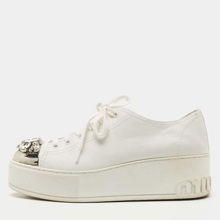 Pre Owned Miu Miu White Leather Crystal Embellished Cap Toe Platform Sneakers Size 37.5