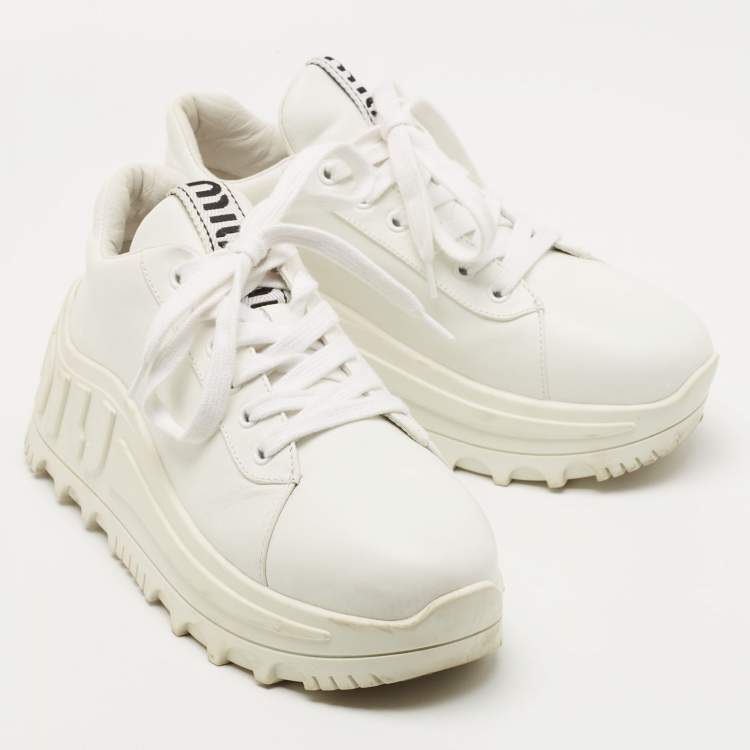 Pre Owned Miu Miu White Leather Platform Sneakers Size 38