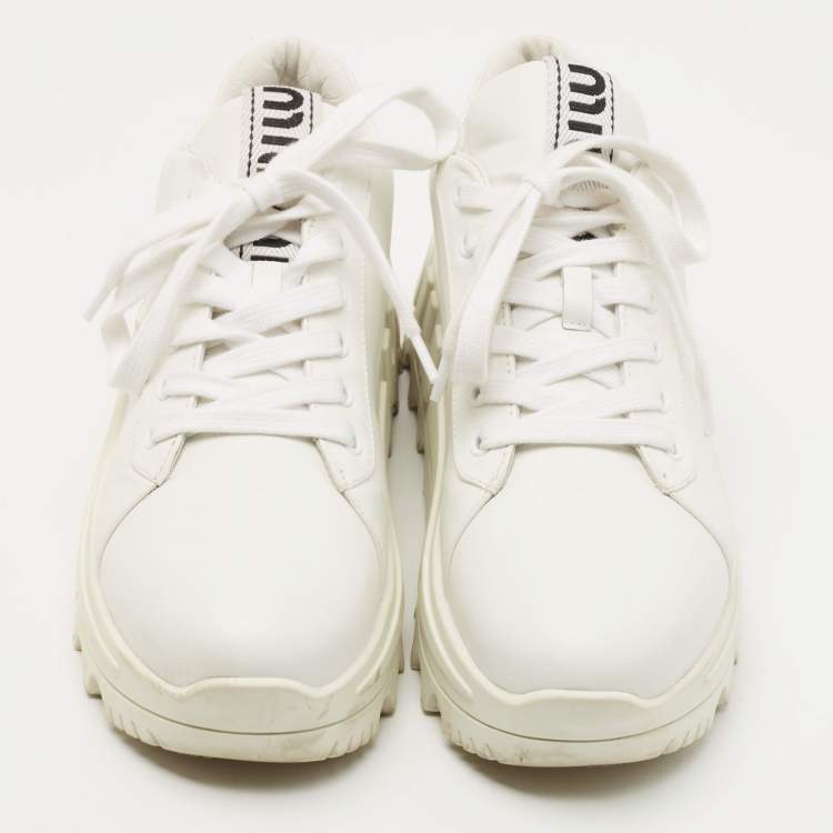 Pre Owned Miu Miu White Leather Platform Sneakers Size 38