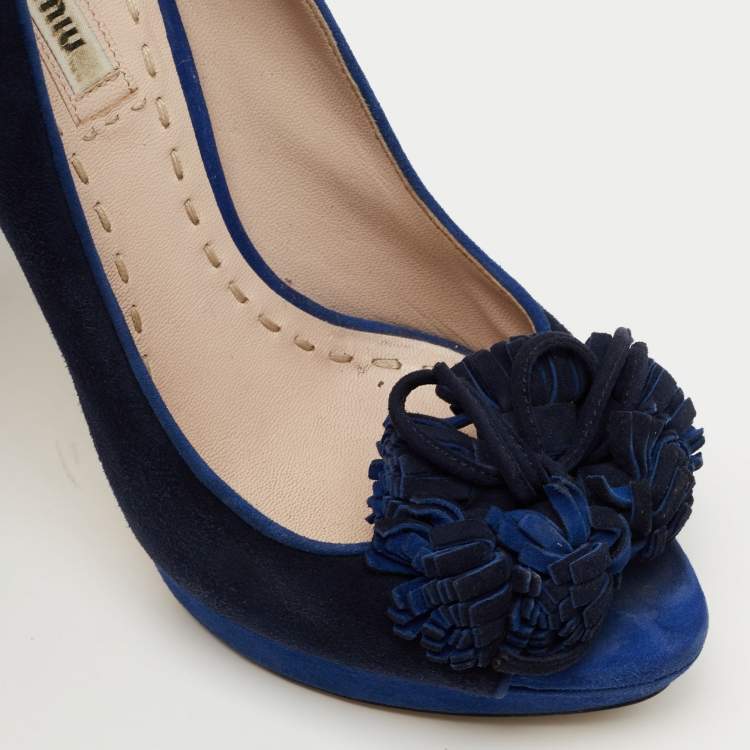 Pre Owned Miu Miu Blue Suede Peep Toe Platform Pumps Size 37.5