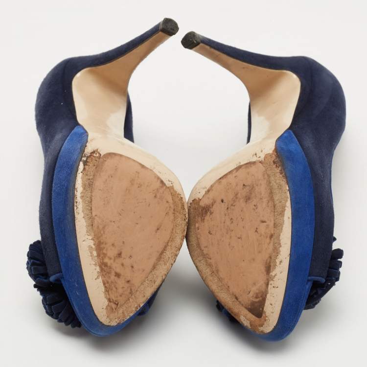 Pre Owned Miu Miu Blue Suede Peep Toe Platform Pumps Size 37.5