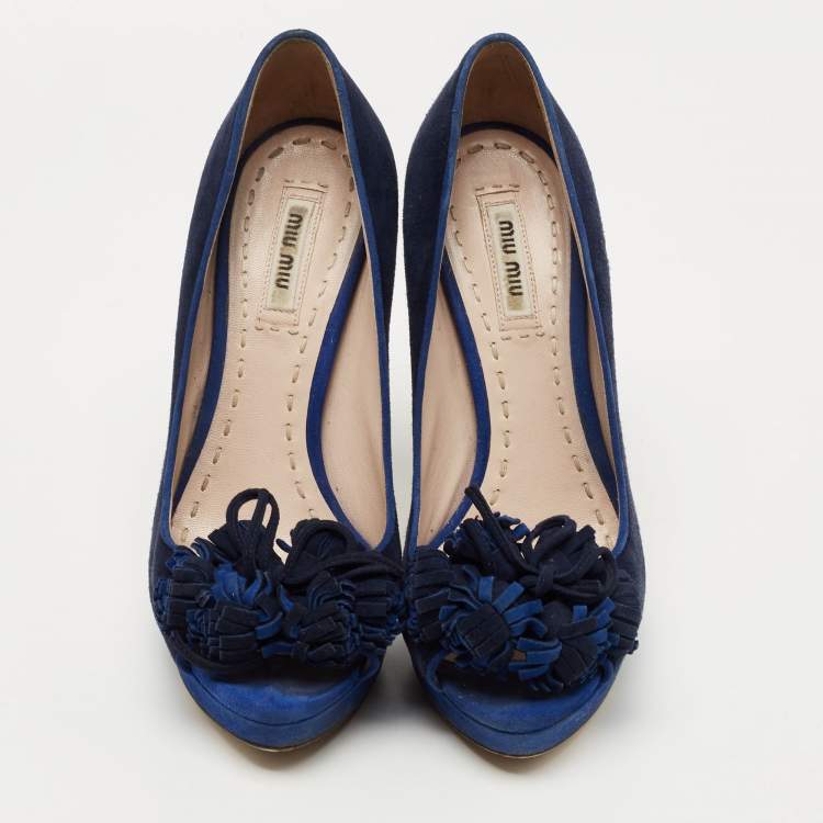 Pre Owned Miu Miu Blue Suede Peep Toe Platform Pumps Size 37.5