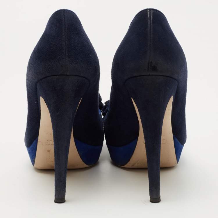 Pre Owned Miu Miu Blue Suede Peep Toe Platform Pumps Size 37.5