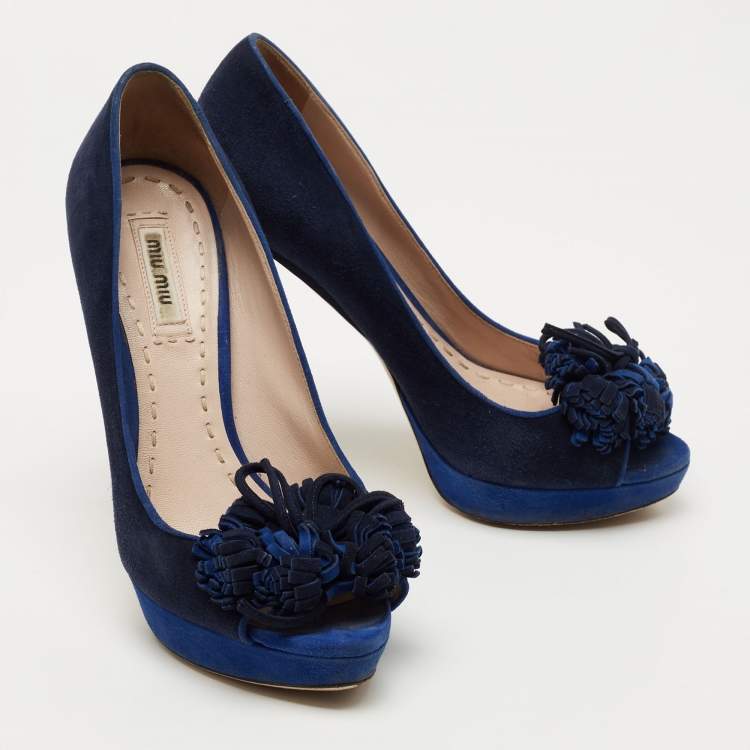 Pre Owned Miu Miu Blue Suede Peep Toe Platform Pumps Size 37.5
