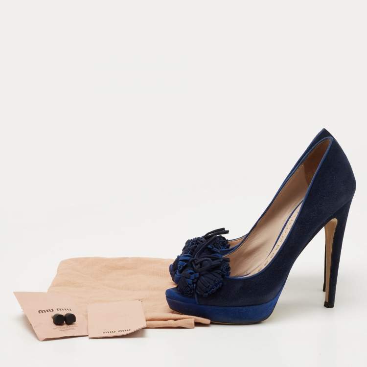 Pre Owned Miu Miu Blue Suede Peep Toe Platform Pumps Size 37.5