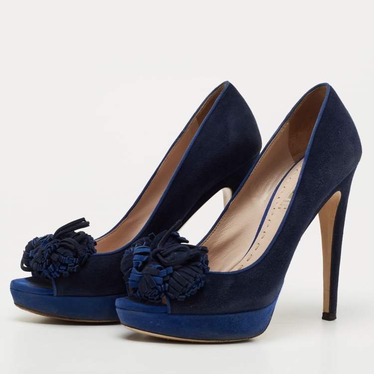 Pre Owned Miu Miu Blue Suede Peep Toe Platform Pumps Size 37.5