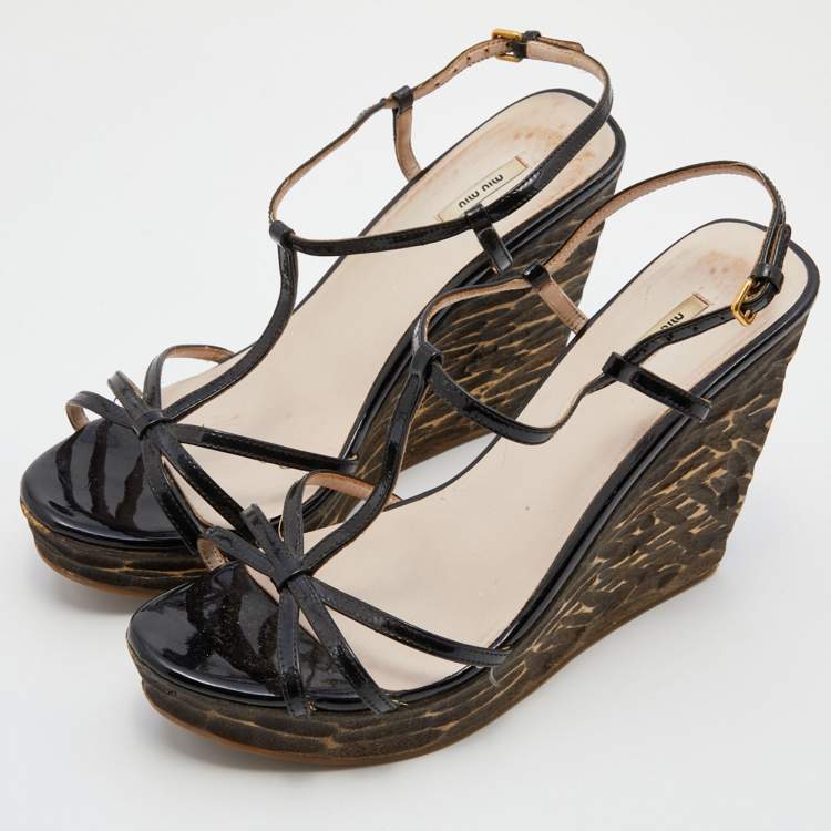 Pre Owned Miu Miu Black Patent Leather T-Strap Platform Wedge Sandals Size 38