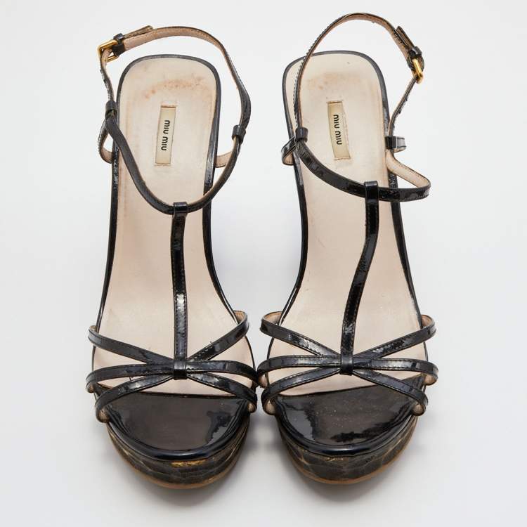 Pre Owned Miu Miu Black Patent Leather T-Strap Platform Wedge Sandals Size 38