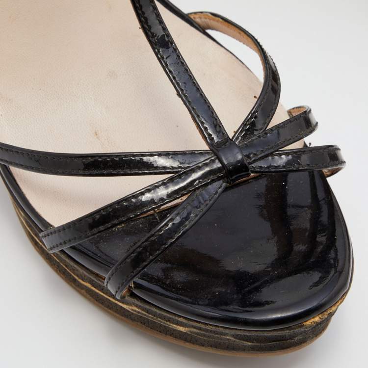 Pre Owned Miu Miu Black Patent Leather T-Strap Platform Wedge Sandals Size 38