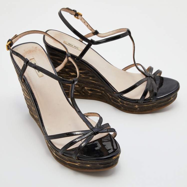 Pre Owned Miu Miu Black Patent Leather T-Strap Platform Wedge Sandals Size 38