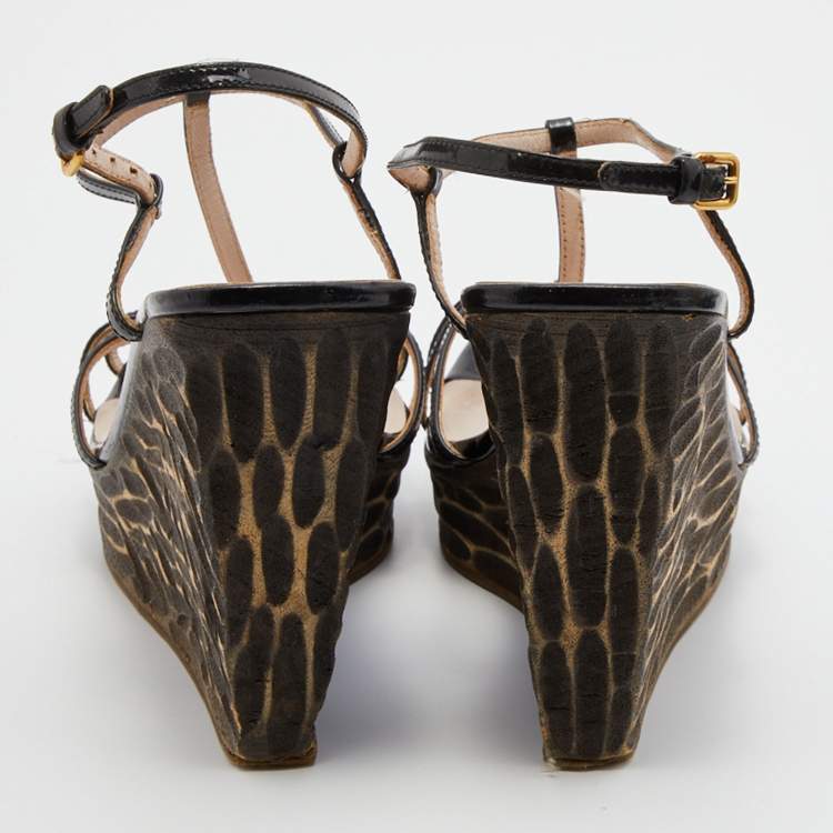 Pre Owned Miu Miu Black Patent Leather T-Strap Platform Wedge Sandals Size 38