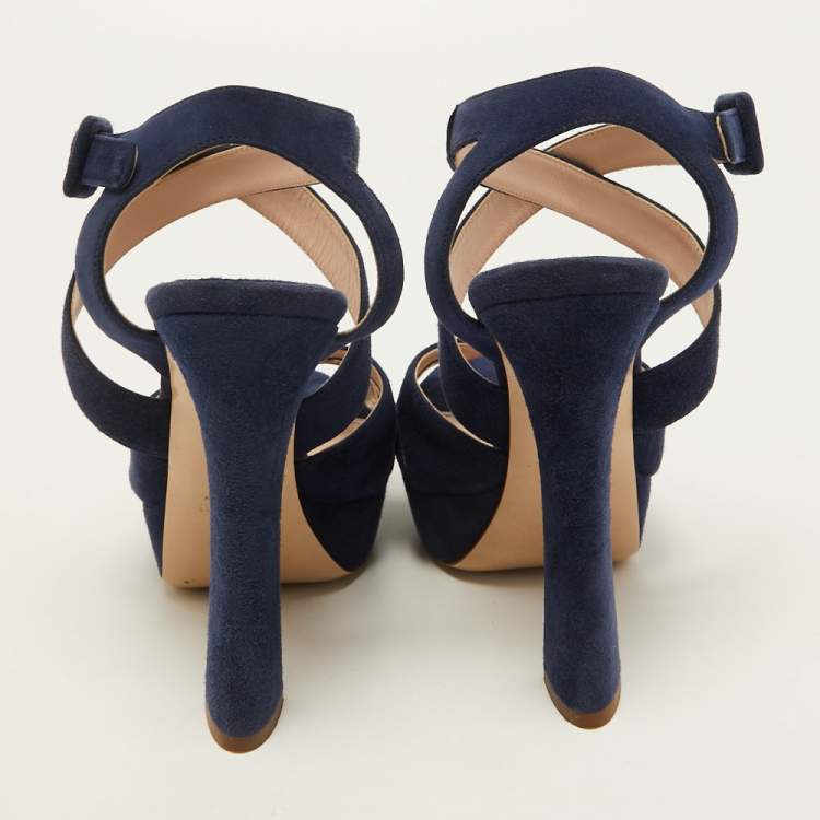 Pre Owned Miu Miu Navy Blue Suede Strappy Platform Sandals Size 39