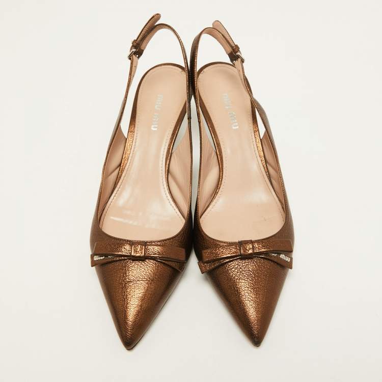 Pre Owned Miu Miu Metallic Brown Leather Bow Slingback Pumps Size 39