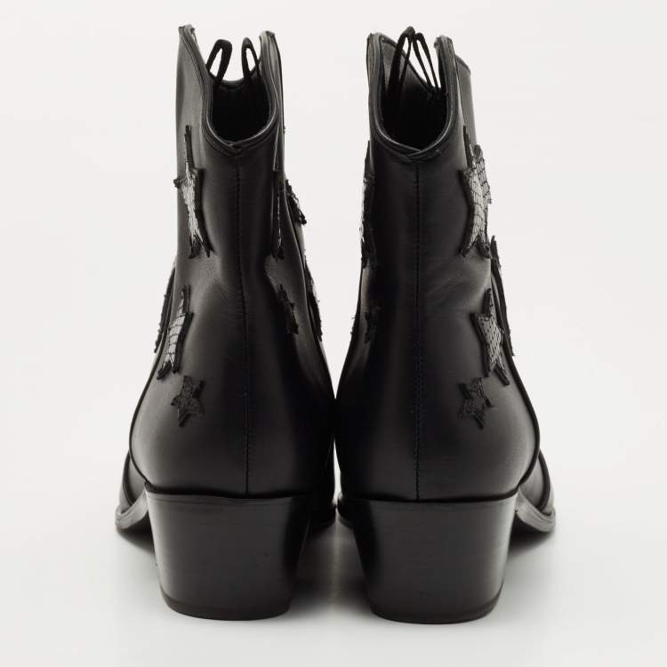 Pre Owned Miu Miu Black Leather and Embossed Snakeskin Star Cowgirl Boots Size 37.5