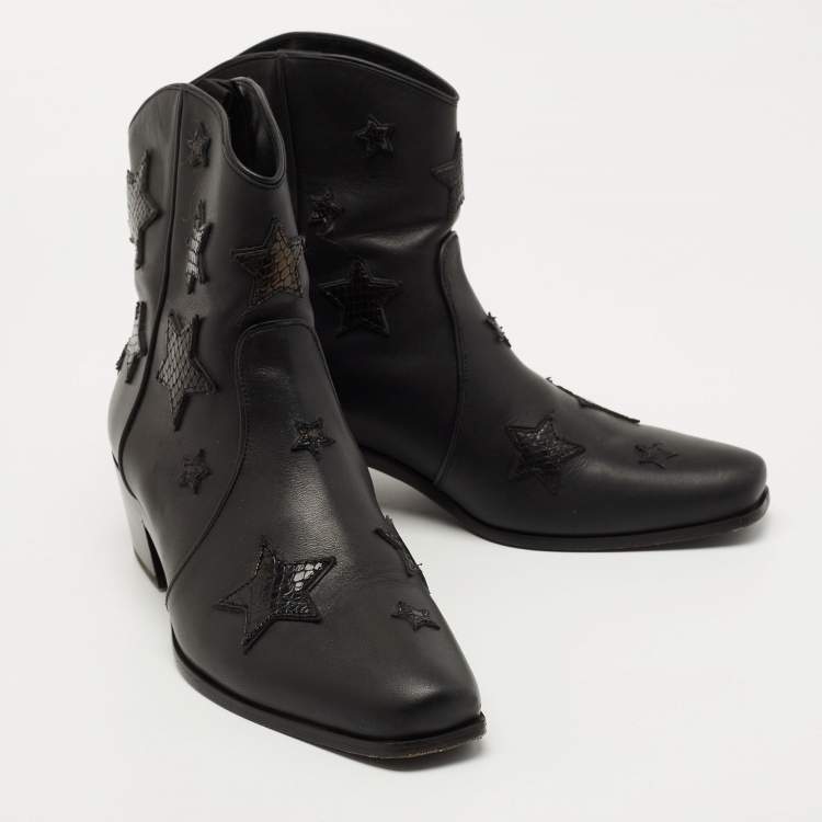 Pre Owned Miu Miu Black Leather and Embossed Snakeskin Star Cowgirl Boots Size 37.5