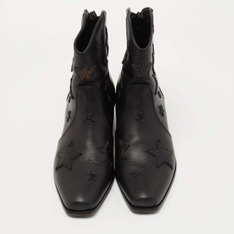 Pre Owned Miu Miu Black Leather and Embossed Snakeskin Star Cowgirl Boots Size 37.5
