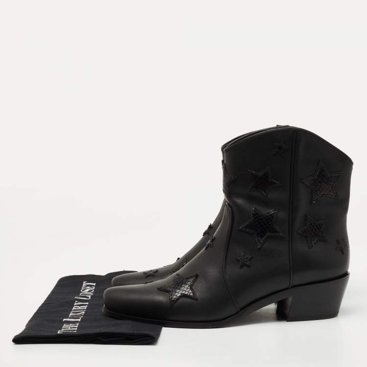 Pre Owned Miu Miu Black Leather and Embossed Snakeskin Star Cowgirl Boots Size 37.5