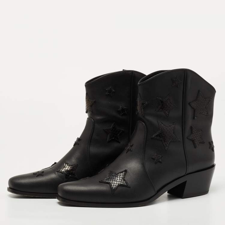 Pre Owned Miu Miu Black Leather and Embossed Snakeskin Star Cowgirl Boots Size 37.5