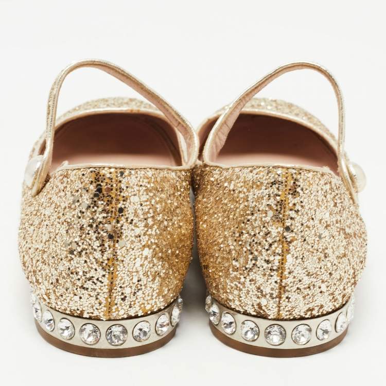 Pre Owned Miu Miu Gold Glitter Mary Jane Ballet Flats Size 40