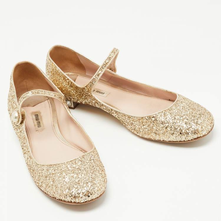 Pre Owned Miu Miu Gold Glitter Mary Jane Ballet Flats Size 40