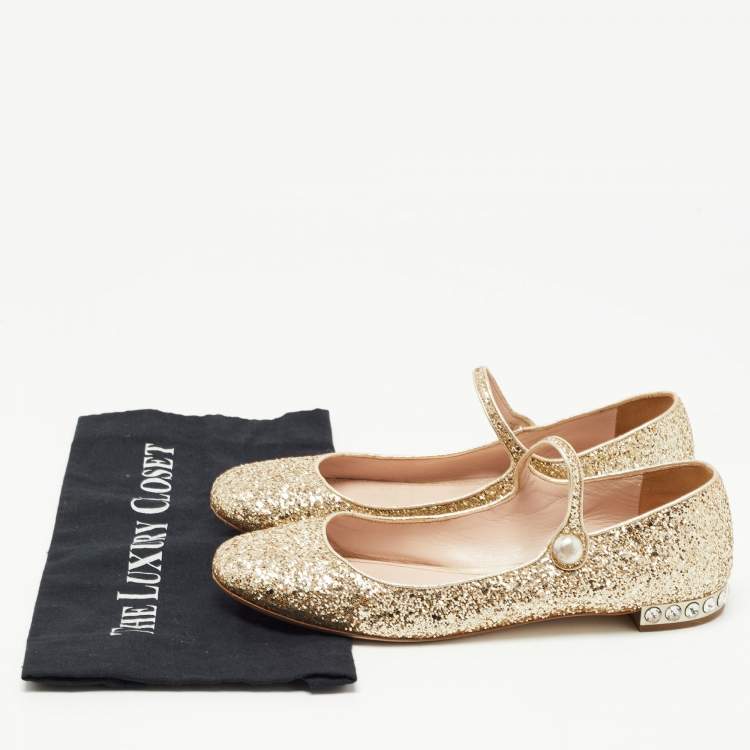 Pre Owned Miu Miu Gold Glitter Mary Jane Ballet Flats Size 40