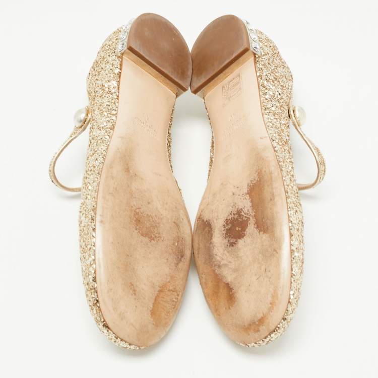Pre Owned Miu Miu Gold Glitter Mary Jane Ballet Flats Size 40