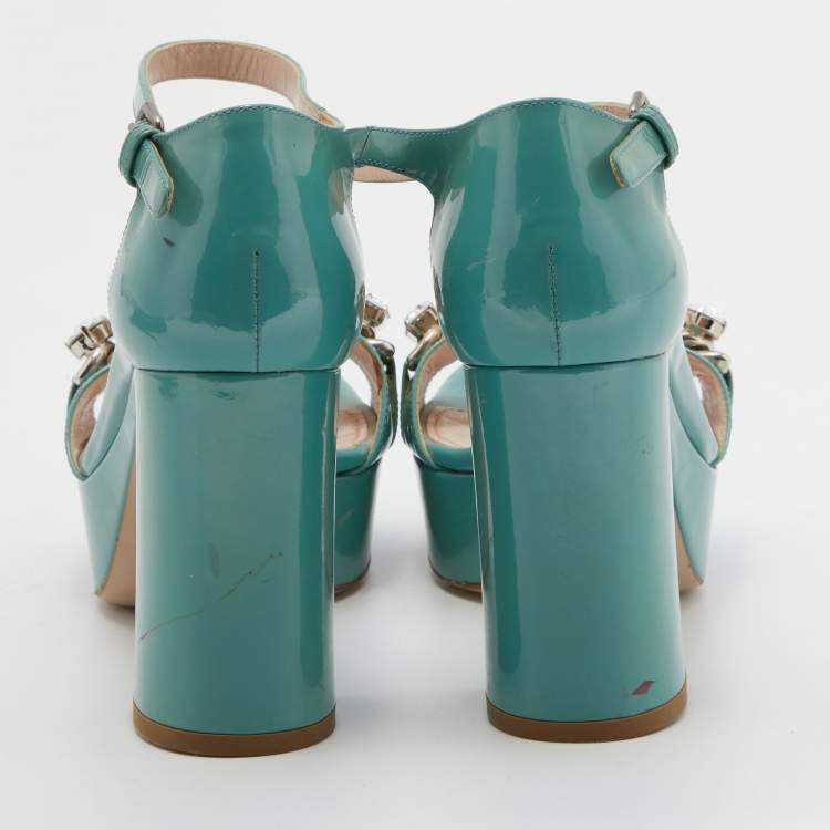 Pre Owned Miu Miu Mint Green Patent Leather Crystal Embellished Platform Ankle Strap Sandals Size 36.5