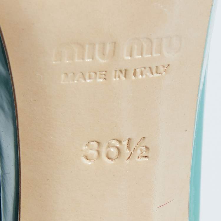 Pre Owned Miu Miu Mint Green Patent Leather Crystal Embellished Platform Ankle Strap Sandals Size 36.5