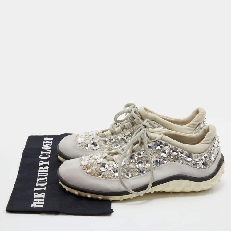 Pre Owned Miu Miu Grey Neoprene Fabric Astro Crystal Embellished Low Top Sneakers Size 38