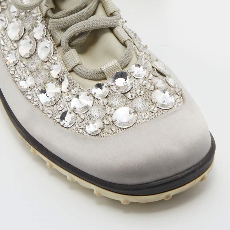 Pre Owned Miu Miu Grey Neoprene Fabric Astro Crystal Embellished Low Top Sneakers Size 38