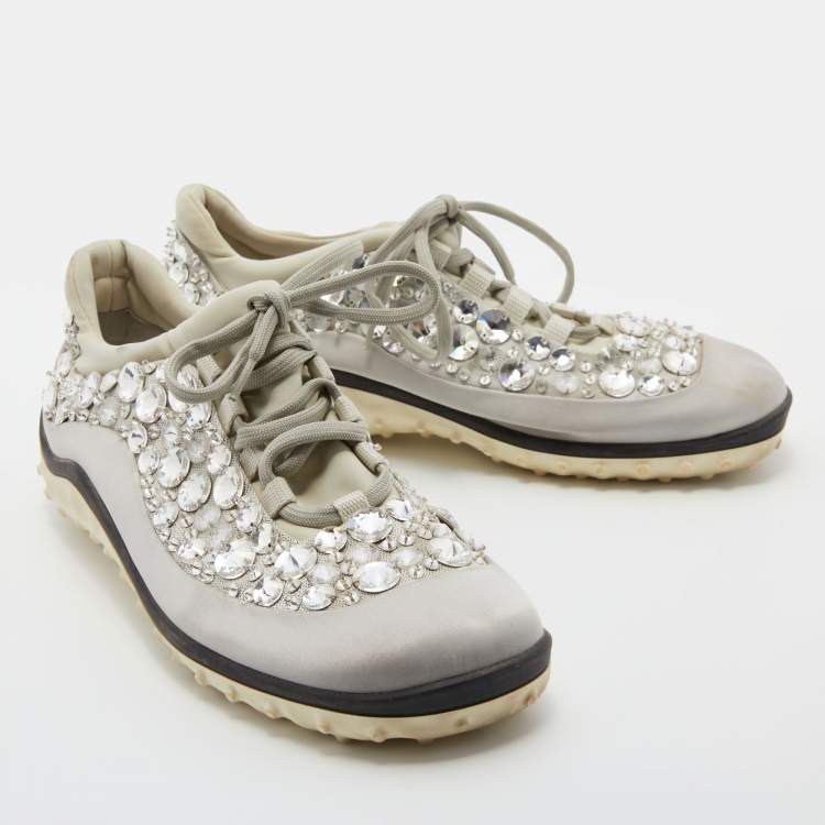 Pre Owned Miu Miu Grey Neoprene Fabric Astro Crystal Embellished Low Top Sneakers Size 38