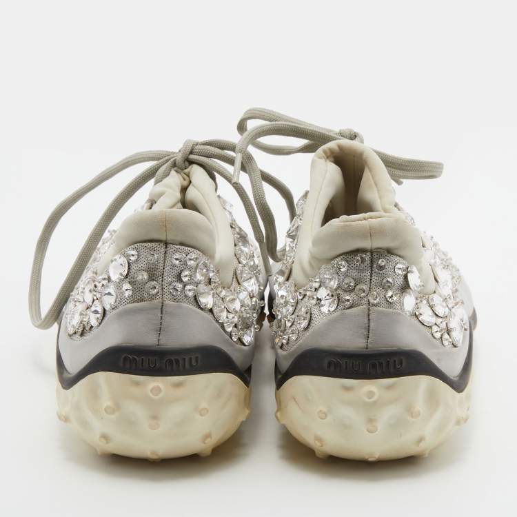 Pre Owned Miu Miu Grey Neoprene Fabric Astro Crystal Embellished Low Top Sneakers Size 38