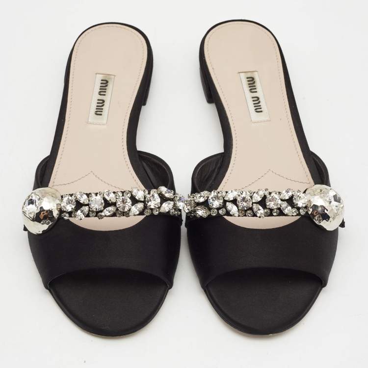 Pre Owned Miu Miu Black Satin Crystal Embellished Flat Slides Size 37