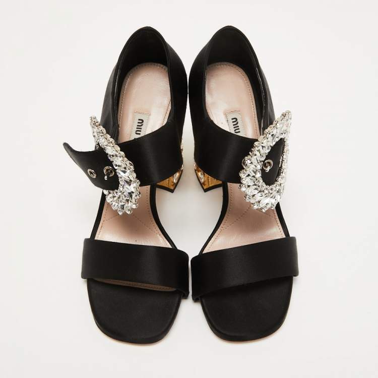 Pre Owned Miu Miu Black Satin Crystal Embellished Heel Sandals Size 38