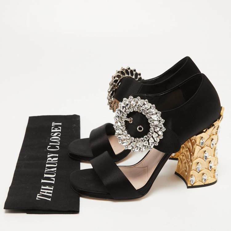 Pre Owned Miu Miu Black Satin Crystal Embellished Heel Sandals Size 38