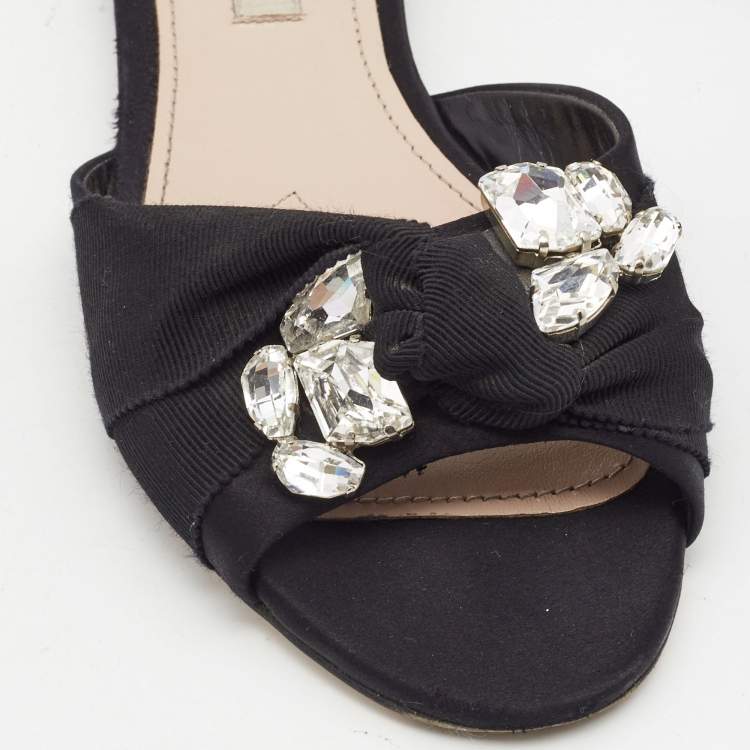 Pre Owned Miu Miu Black Satin Crystal Embellished Knotted Flat Slides Size 38 
