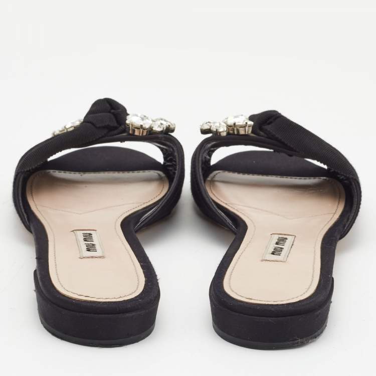 Pre Owned Miu Miu Black Satin Crystal Embellished Knotted Flat Slides Size 38 