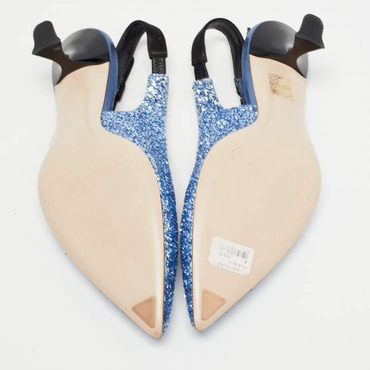 Pre Owned Miu Miu Blue Coarse Glitter Bow Slingback Pumps Size 38
