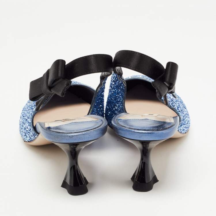 Pre Owned Miu Miu Blue Coarse Glitter Bow Slingback Pumps Size 38