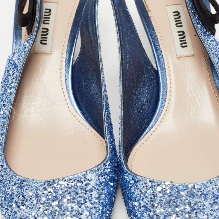 Pre Owned Miu Miu Blue Coarse Glitter Bow Slingback Pumps Size 38